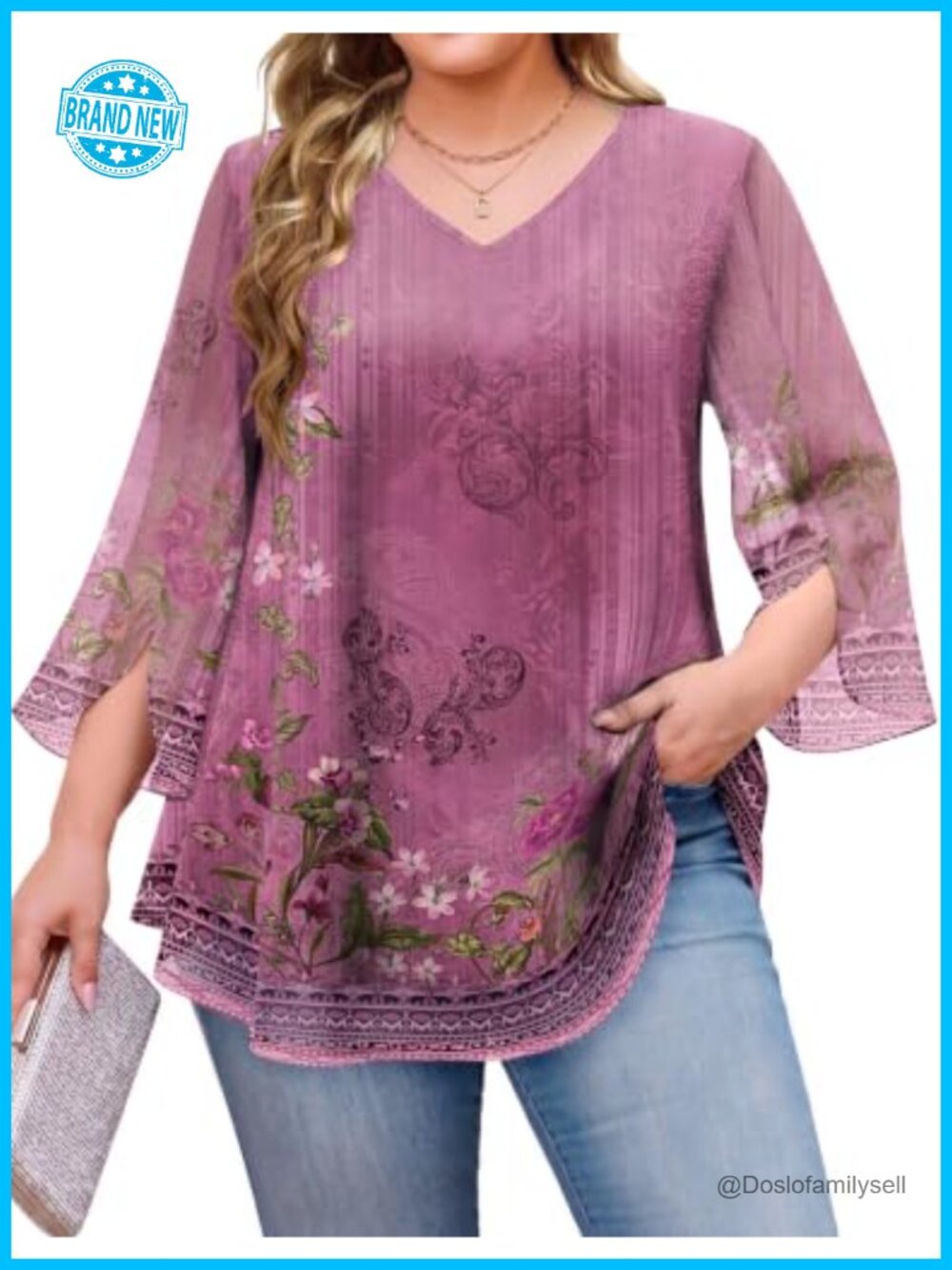 Plus Size Dressy Tunic Top Double Layers Mesh Blouse 3/4 Ruffle Sleeve V-Neck